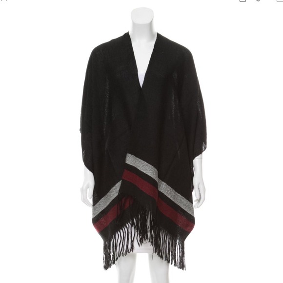 Ulla Johnson Baby Alpaca Black Striped Fringe Poncho Cape Wrap - Picture 1 of 6